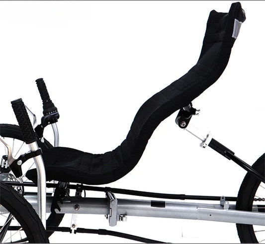 Lying on a tricycle, 3 shifting disc brakes, folding on a recumbent bike, casual commuting, riding a recumbent bicycle