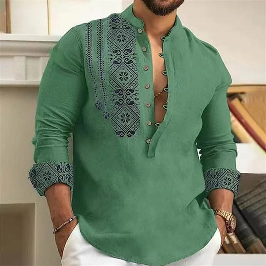 Linen shirt men's top cardigan button fashion trend pattern slim fit comfortable soft new retro top 2024 new plus size 6XL - MANDOTOS