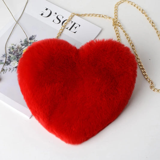 Fashion Women's Heart Shaped Handbags Cute Faux Fur Crossbody Bags Lady Soft Plush Chain Shoulder Bag Shopper Totes - MANDOTOS