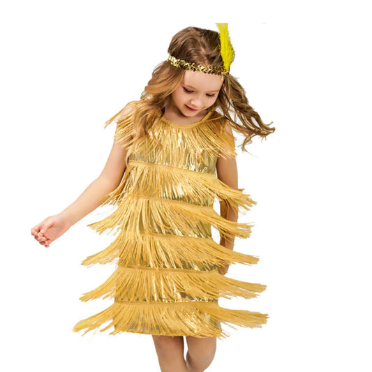 Girl Party Dress Girls Flapper Dress Carnival Sequins Fringe Latin Dance Dress Tassel Tango Dress Ballroom Costume With Feather - MANDOTOS