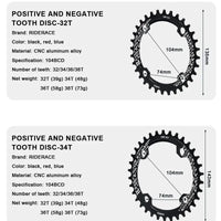 RIDERACE Bicycle Crank Chainring 104BCD Round Shape Narrow Wide 32T/34T/36T/38T Mountain Bike Crankset Chainwheel Single Plate
