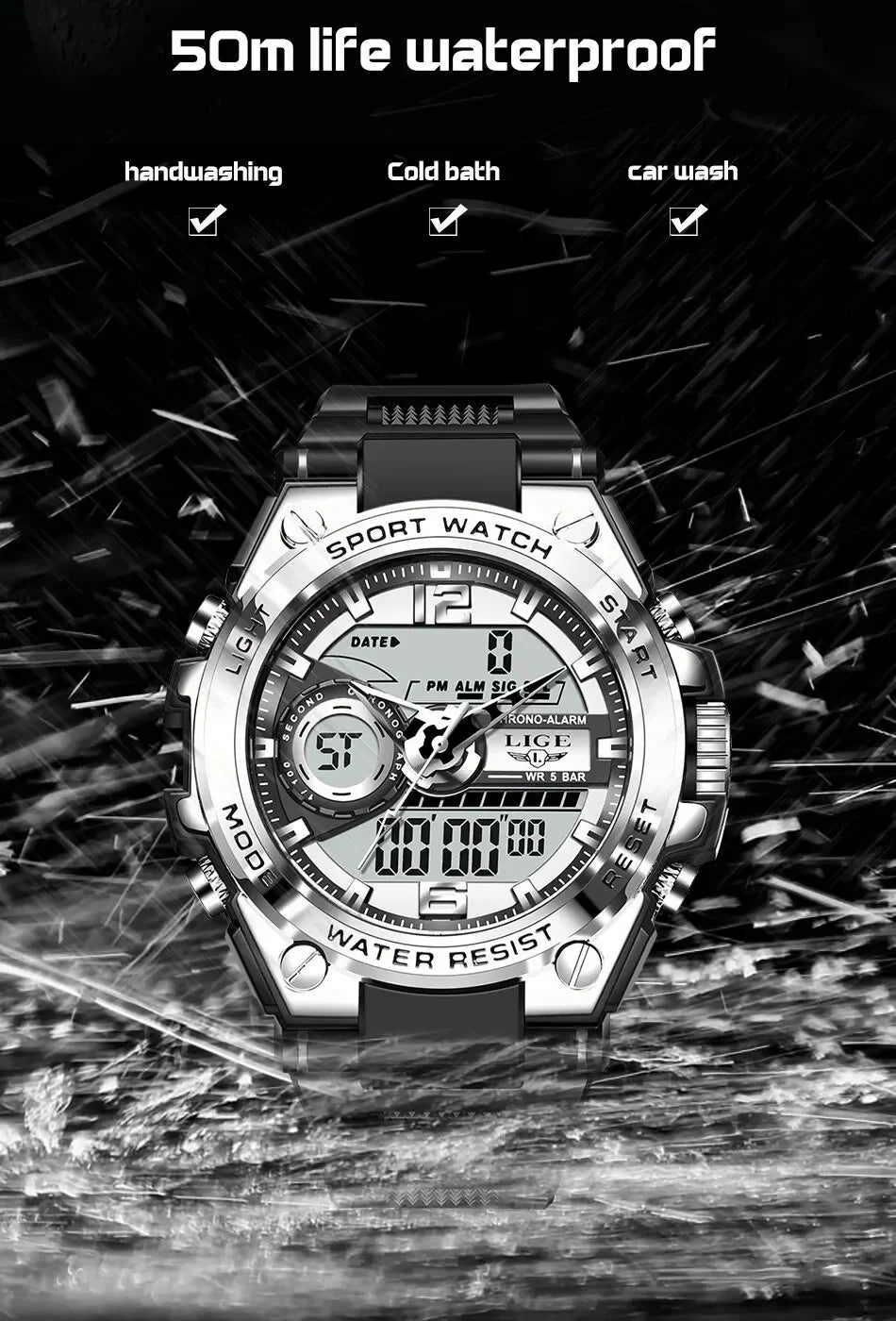 LIGE Men Military Watch Digital 50m Waterproof Wristwatch LED Quartz Clock Sport Watch Male Big Watches Men Relogios Masculino - MANDOTOS