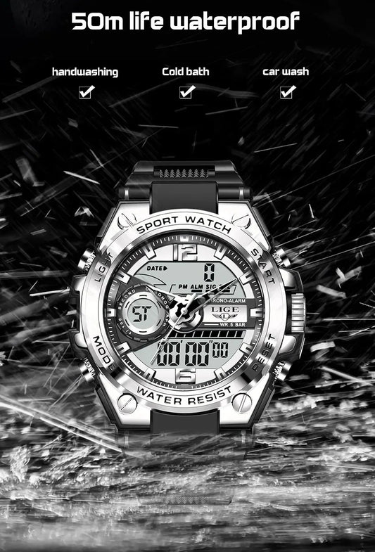 LIGE Men Military Watch Digital 50m Waterproof Wristwatch LED Quartz Clock Sport Watch Male Big Watches Men Relogios Masculino - MANDOTOS