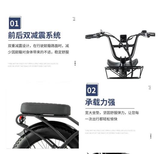 Commuter electric bicycle adult double riding removable battery long battery life wide fat tire