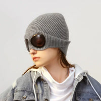 Brimless Hat With Goggles For Men And Women In Winter Hat Neutral Solid Color Skull Knitted Hat In Winter - MANDOTOS