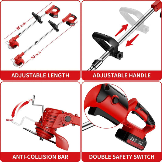 Cordless Lawn Trimmer Weed Wacker Lawn Mower Grass Edger with 2 Li-Ion Batteries Powered & 3 Cutting Blade Types - MANDOTOS