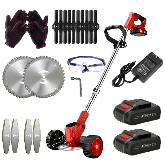 Cordless Lawn Trimmer Weed Wacker Lawn Mower Grass Edger with 2 Li-Ion Batteries Powered & 3 Cutting Blade Types - MANDOTOS