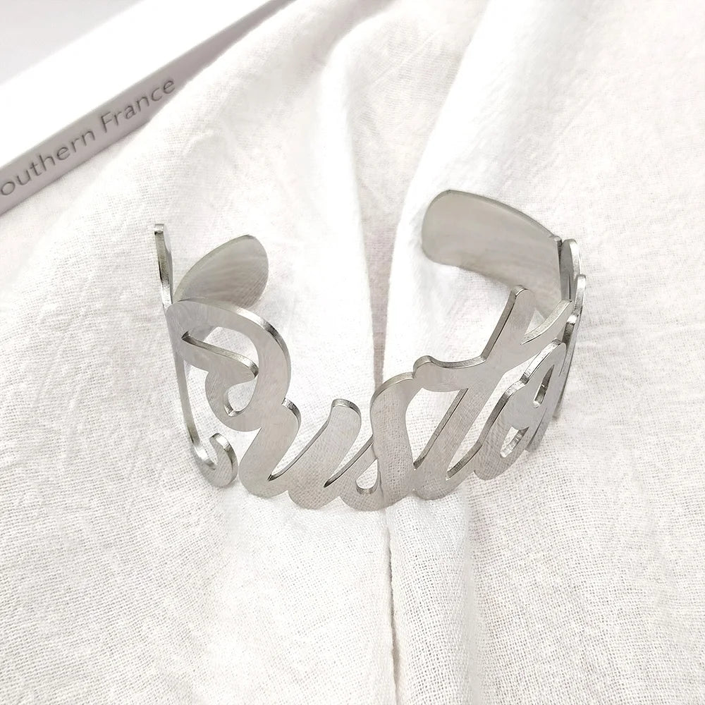 Custom Name Bangle for Women Stainless Steel Personalized Letter Adjustable Big Bangle Jewelry Girlfriend Gift Pulseira Feminina - MANDOTOS