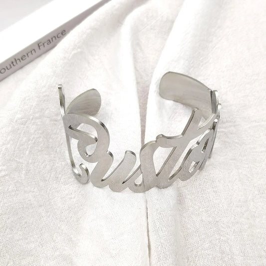 Custom Name Bangle for Women Stainless Steel Personalized Letter Adjustable Big Bangle Jewelry Girlfriend Gift Pulseira Feminina - MANDOTOS