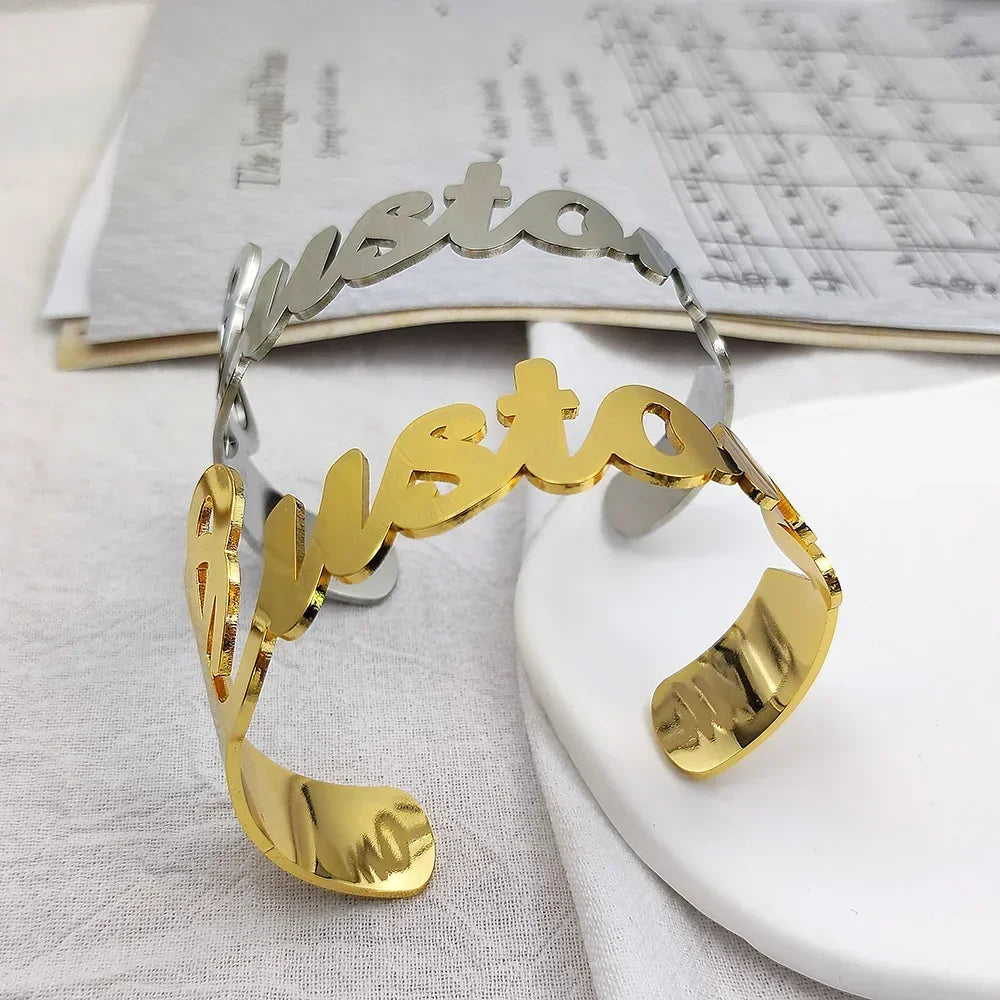 Custom Name Bangle for Women Stainless Steel Personalized Letter Adjustable Big Bangle Jewelry Girlfriend Gift Pulseira Feminina - MANDOTOS