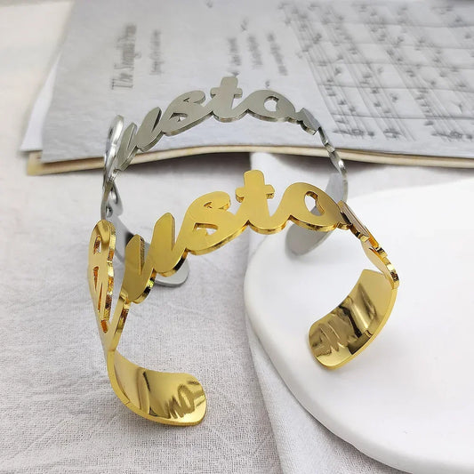 Custom Name Bangle for Women Stainless Steel Personalized Letter Adjustable Big Bangle Jewelry Girlfriend Gift Pulseira Feminina - MANDOTOS