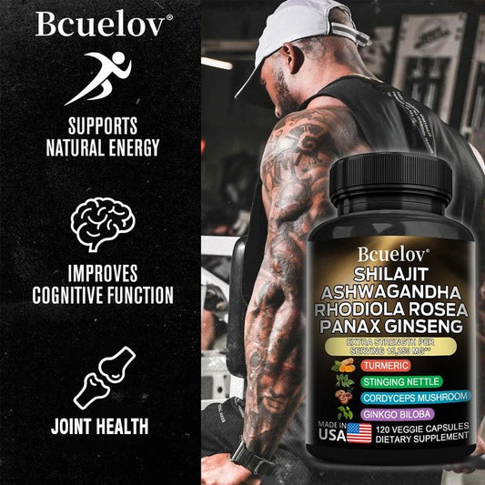 Shilajit Resin Himalaya Capsules - 15250 mg - Combination of Ashwagandha, Ginseng, Cordyceps, Ginkgo, Turmeric - MANDOTOS
