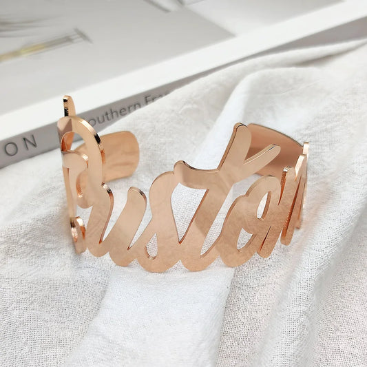 Custom Name Bangle for Women Stainless Steel Personalized Letter Adjustable Big Bangle Jewelry Girlfriend Gift Pulseira Feminina - MANDOTOS
