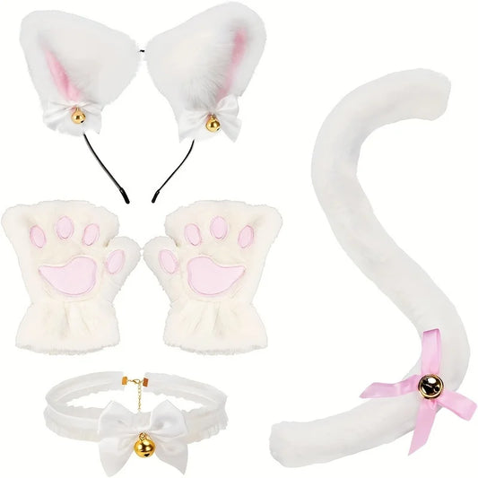 5Pcs Sets Cat Paw Gloves Winter Cute Cartoon Girl Open Finger Gloves Bell Headband Fox Cat Ear Headwear - MANDOTOS