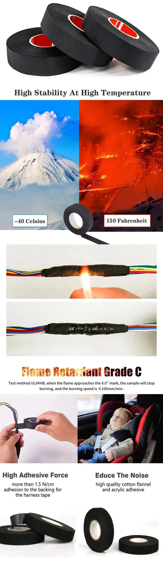 15 Meter Heat-resistant Flame Retardant Tape Coroplast Adhesive Cloth Tape For Car Cable Harness Wiring Loom Protection - MANDOTOS