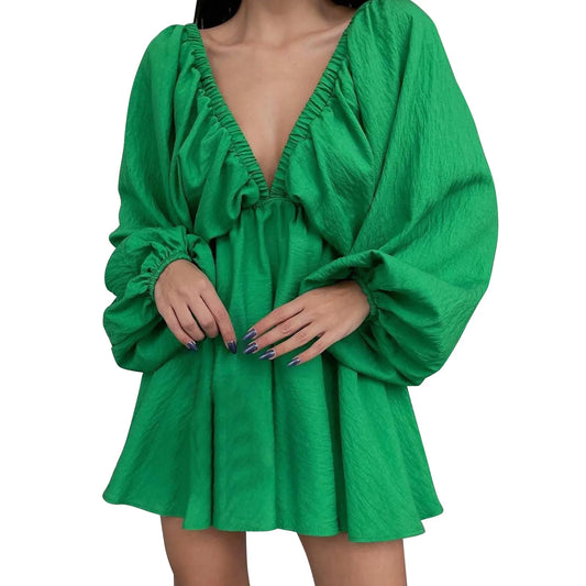Deep V Neck Sexy Dress Temperament Retro Solid Color Pleated Dress Elegant Long Sleeve Large Size Casual Womens Dresses ropa - MANDOTOS