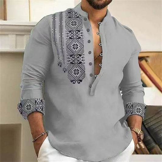 Linen shirt men's top cardigan button fashion trend pattern slim fit comfortable soft new retro top 2024 new plus size 6XL - MANDOTOS