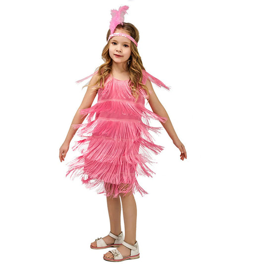 Girl Party Dress Girls Flapper Dress Carnival Sequins Fringe Latin Dance Dress Tassel Tango Dress Ballroom Costume With Feather - MANDOTOS
