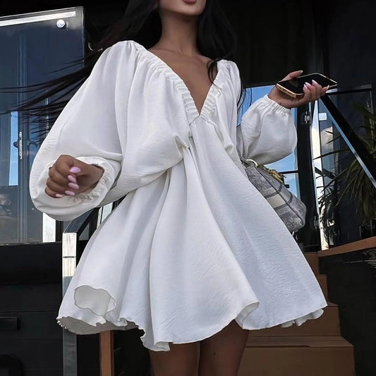 Deep V Neck Sexy Dress Temperament Retro Solid Color Pleated Dress Elegant Long Sleeve Large Size Casual Womens Dresses ropa - MANDOTOS