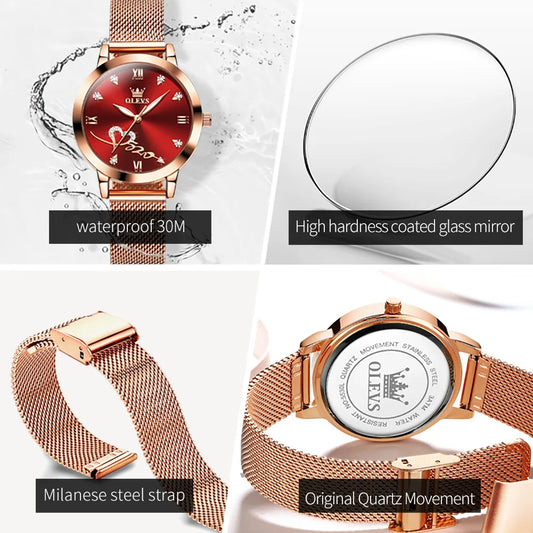 OLEVS Luxury Fashion Ladies' Watches Rose Gold Top Brand Original Quartz Watch for Women Stainless Steel Mesh Strap Love Dial