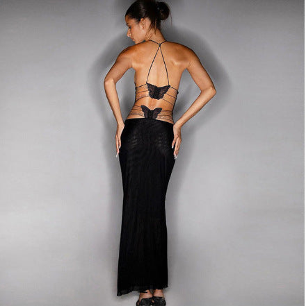 Floral Print Halter Spaghetti Straps Dress Sexy Slim Butterfly Back Dressess Spring Summer Womens Clothing - MANDOTOS