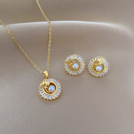 Fashion Jewelry Square Full Diamond Personalized Round Ring Leaves Necklace And Earrings Suite - MANDOTOS