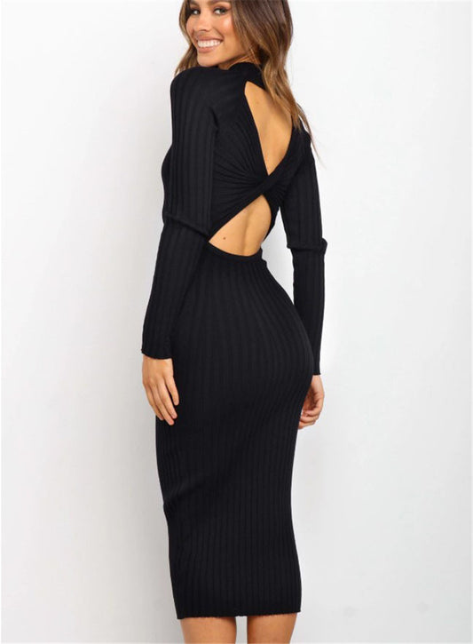 New Style Women's Suits Sweater Dresses Women's Solid Color Backless Bow Tight Dresses - MANDOTOS