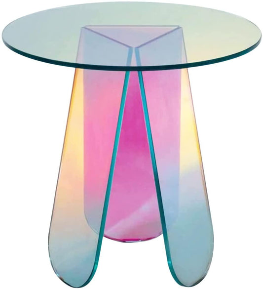 Acrylic Rainbow Color Coffee Table, Iridescent Glass End Table Round Side Table Modern Accent TV Table For Living Bed Room Decoration - MANDOTOS