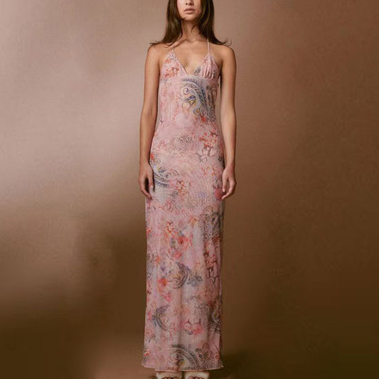 Floral Print Halter Spaghetti Straps Dress Sexy Slim Butterfly Back Dressess Spring Summer Womens Clothing - MANDOTOS