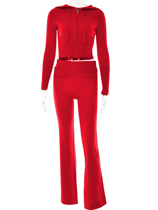 Hoodie Suit Women Leisure Sexy Zip Long Sleeve Sweater And High Waist Long Pants Set - MANDOTOS