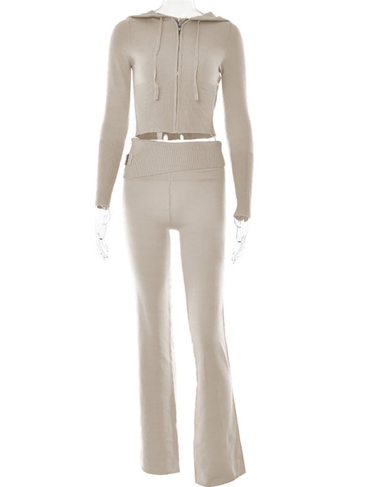 Hoodie Suit Women Leisure Sexy Zip Long Sleeve Sweater And High Waist Long Pants Set - MANDOTOS