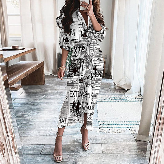 European And American Print Long-Sleeved Lace-Up Single-Breasted Shirt Dress - MANDOTOS