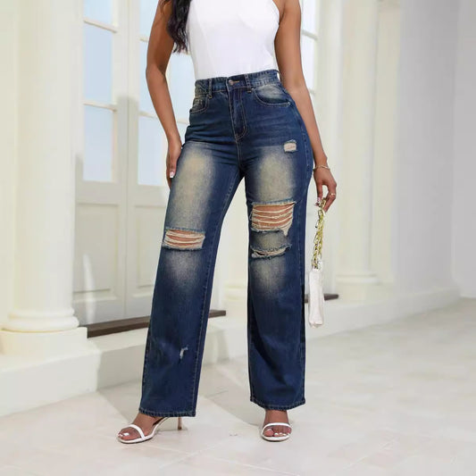 Fashion High Waist Ripped Jeans With Pockets Comfortable Slim Fit Trousers Straight Wide-leg Pants Womens Clothing - MANDOTOS