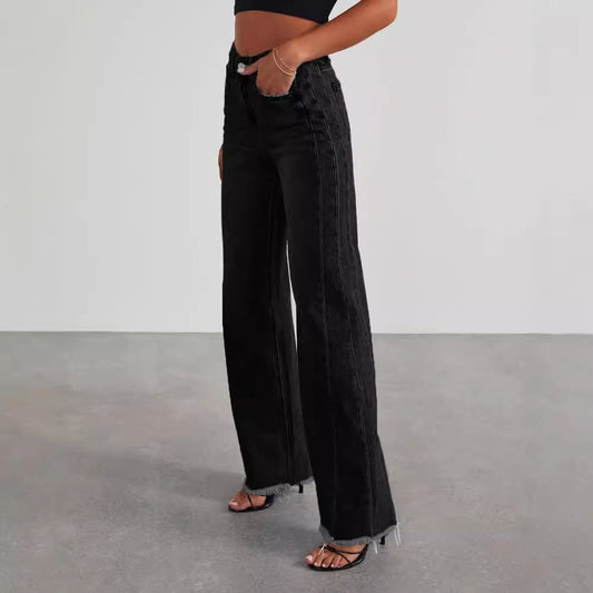 Fashion High Waist Jeans With Pockets Comfortable Slim Fit Straight Wide-leg Pants Womens Clothing - MANDOTOS