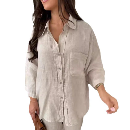 Casual Polyester Pocket Shirt Pants Suitable For Women's Wide Leg Pants, Long Sleeved Shirt Set, Women's Loose High Street Two-piece Set - MANDOTOS