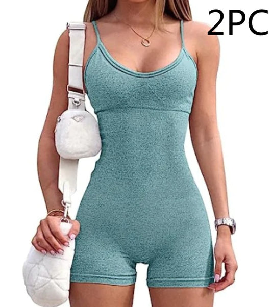 Spaghetti Strap Shorts Jumpsuit Sports Yoga Workout Tight Romper Women Fashion Fitness Sportwear - MANDOTOS
