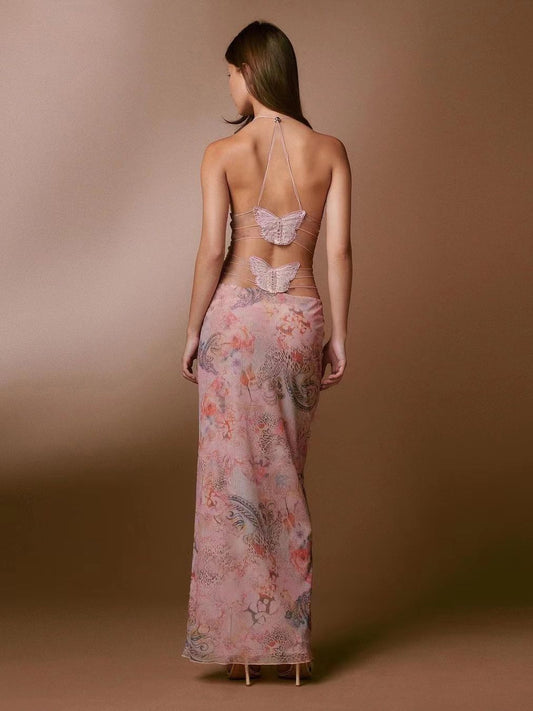 Floral Print Halter Spaghetti Straps Dress Sexy Slim Butterfly Back Dressess Spring Summer Womens Clothing - MANDOTOS