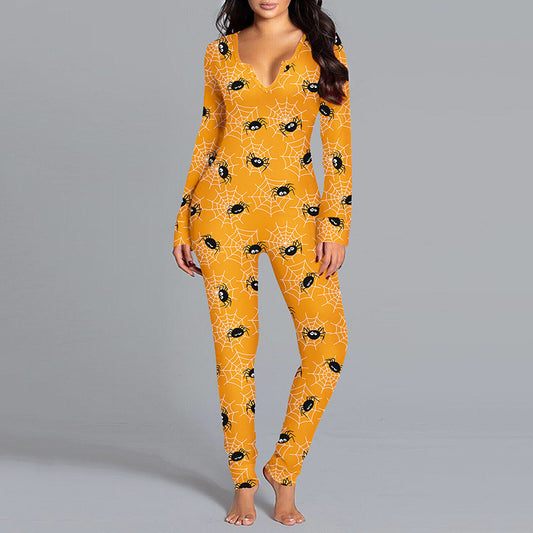 Halloween Printed Jumpsuit Long Sleeve Home Pajamas Casual Trousers Women's Cos Clothing - MANDOTOS