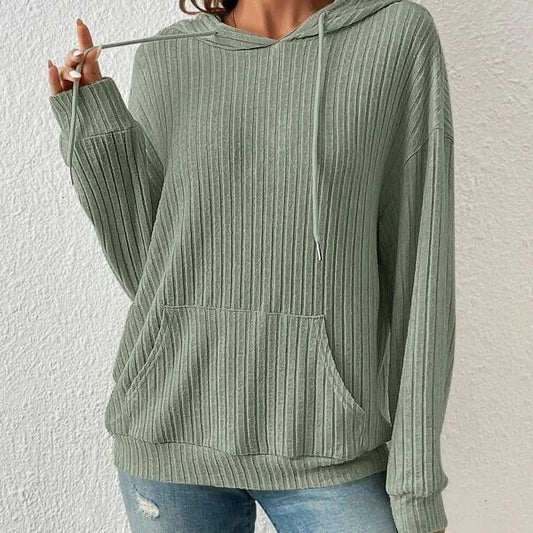 Fashion Drawstring Long-sleeved Hooded Sweatshirt With Pockets Solid Sunken Stripe Hoodie Knitwear Womens Clothing - MANDOTOS