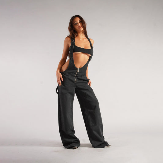 Y2K Zipper Denim Overalls With Pockets Fashion Loose Suspender Jumpsuit Streetwear Jeans Pants Womens Clothing - MANDOTOS
