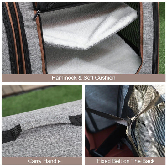 Dual Compartment Portable Cat Carrier, Padded with Storage, Grey - MANDOTOS