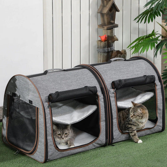 Dual Compartment Portable Cat Carrier, Padded with Storage, Grey - MANDOTOS