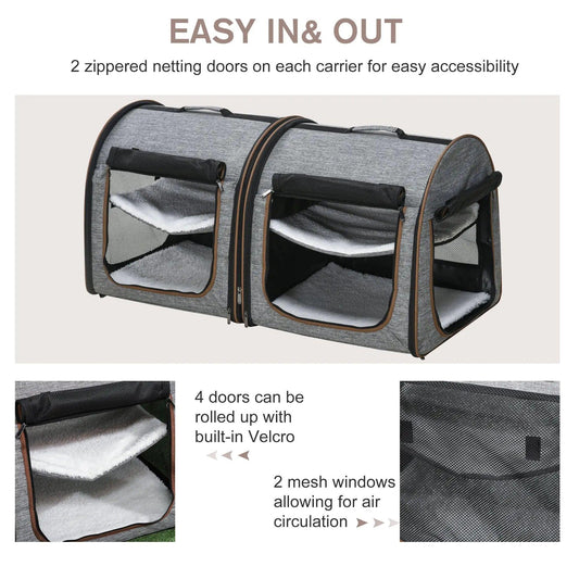 Dual Compartment Portable Cat Carrier, Padded with Storage, Grey - MANDOTOS