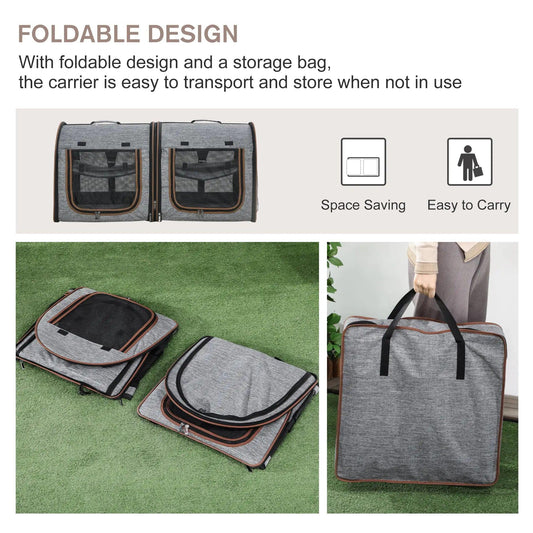 Dual Compartment Portable Cat Carrier, Padded with Storage, Grey - MANDOTOS