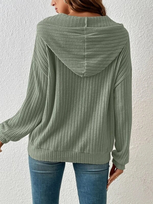 Fashion Drawstring Long-sleeved Hooded Sweatshirt With Pockets Solid Sunken Stripe Hoodie Knitwear Womens Clothing - MANDOTOS