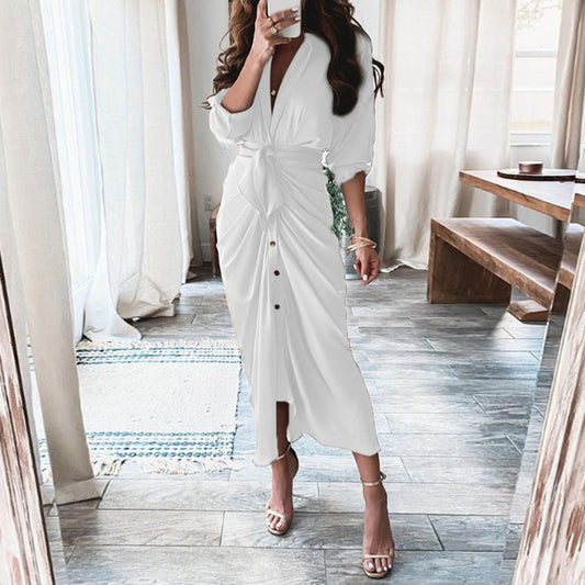 European And American Print Long-Sleeved Lace-Up Single-Breasted Shirt Dress - MANDOTOS