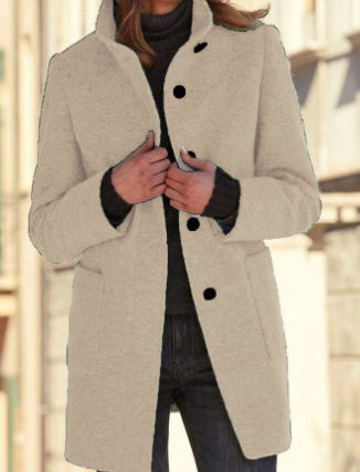 Fashion Stand Collar Woolen Coat With Pockets Fall Winter Casual Button Outwear For Women Clothing - MANDOTOS