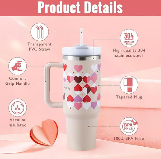 40 Oz Tumbler With Handle Straw Insulated, Stainless Steel Spill Proof Vacuum Coffee Cup Tumbler With Lid Tapered Mug Gifts For Valentine Lover Suitable For Car Gym Office Travel - MANDOTOS