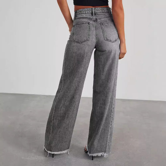 Fashion High Waist Jeans With Pockets Comfortable Slim Fit Straight Wide-leg Pants Womens Clothing - MANDOTOS