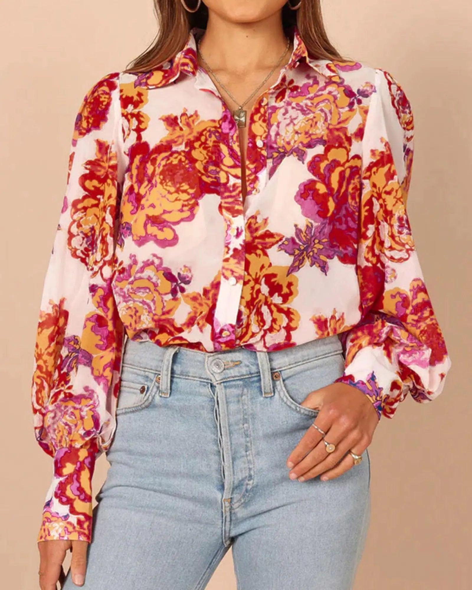 BTFBM Women's Boho V-Neck Button-Down Blouse - MANDOTOS